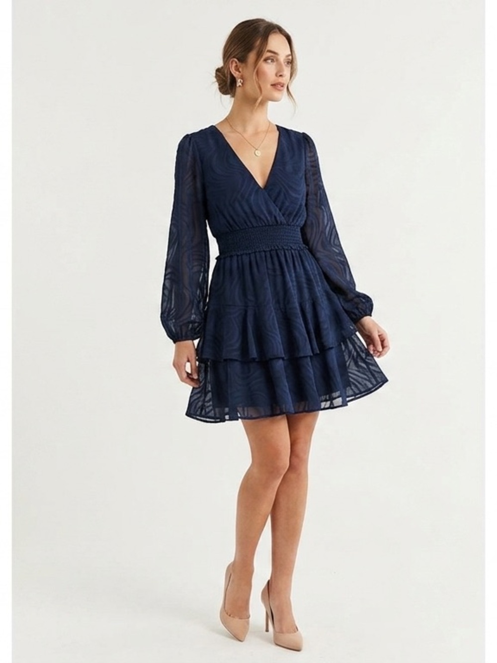 Lilly Pulitzer Navy Blue Ruffle Dress Smocked Waist V Neck Size 14